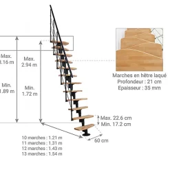 Escalier droit 10 marches - Hauteur à franchir 1.89 à 2.49m- Largeur 65cm - Structure noire et marche hêtre - NIZZA60/I/NH-10-Matisere Online