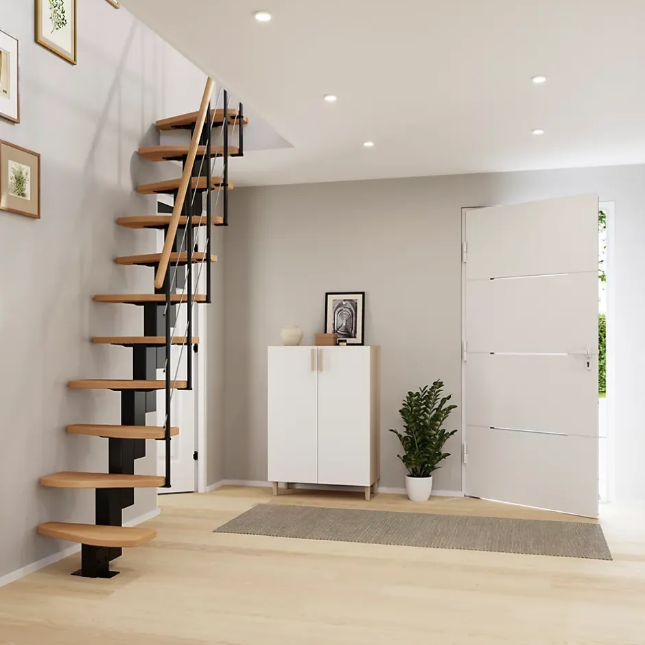 Escalier droit gain de place hêtre et acier noir 13 marches Cerros-Fortia New