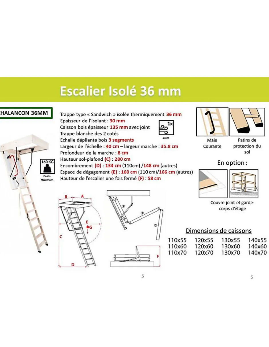 Escalier Escamotable Echelle Bois Isole 36 Mm Caisson 120 X 70 Cm-Woodup New