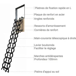 Escalier escamotable mural en métal - Trémie de 80x90cm - Hauteur de 2.25 à 3.25m - ADJM/80/090-Matisere New
