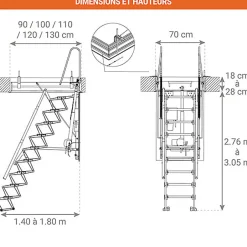 Matisere Escalier Grenier Electrique - Trappe 70x120cm - Hauteur 2.76 à 3.05m - ACI-THE300B/120X70