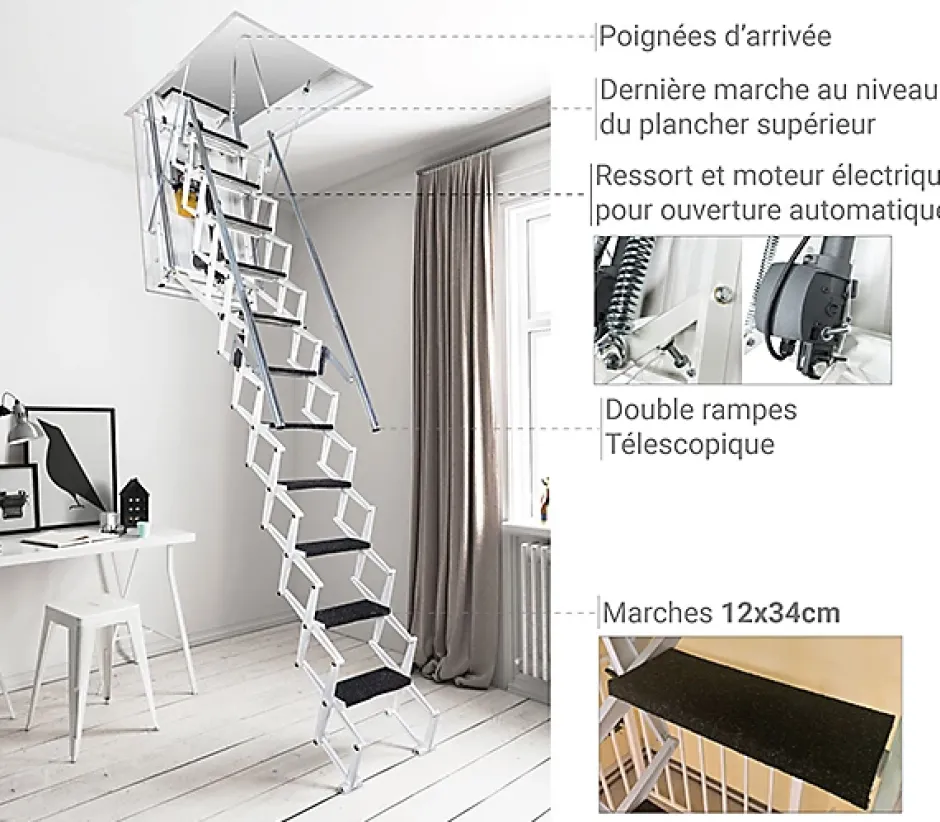 Matisere Escalier Grenier Electrique - Trappe 70x130cm - Hauteur 2.76 à 3.05m - ACI-THE300B/130X70