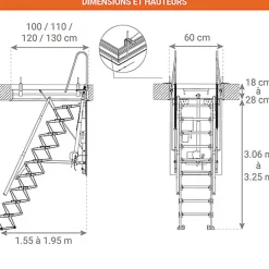 Matisere Escalier Grenier Electrique - Trappe 60x130cm - Hauteur 3.06 à 3.25m - ACI-THE325G/130X60