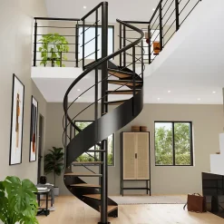 Escalier hélicoïdal hêtre et acier noir 13 marches Carilo Ø140cm tournant gauche-Fortia Sale