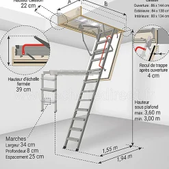 Escalier métal coupe feu 60min - 3.60m sous plafond - Trémie 86x144cm - LMF60/86144-360-Matisere Clearance