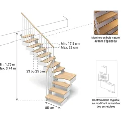 Escalier quart tournant 11 marches - Hauteur à franchir de 2.10 à 2.64m - Largeur 85 cm - Bois et blanc - Rampe horizontale --Matisere Online