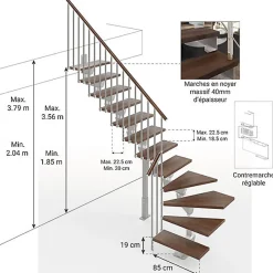 Matisere Escalier quart tournant 15 marches - Hauteur à franchir de 2.97 à 3.56m - Largeur 85cm - Limon central - Noyer et anthracite -