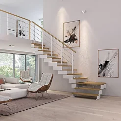 Matisere Escalier quart tournant 15 marches - Hauteur à franchir de 2.80 à 3.52m - Largeur 85 cm - Bois et blanc - Rampe verticale -