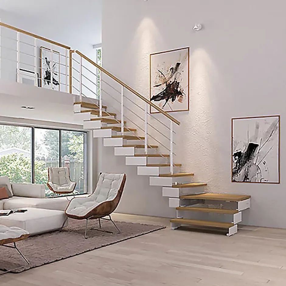 Escalier quart tournant 16 marches - Hauteur à franchir de 2.98 à 3.85m - Largeur 85 cm - Bois et blanc - Rampe verticale --Matisere