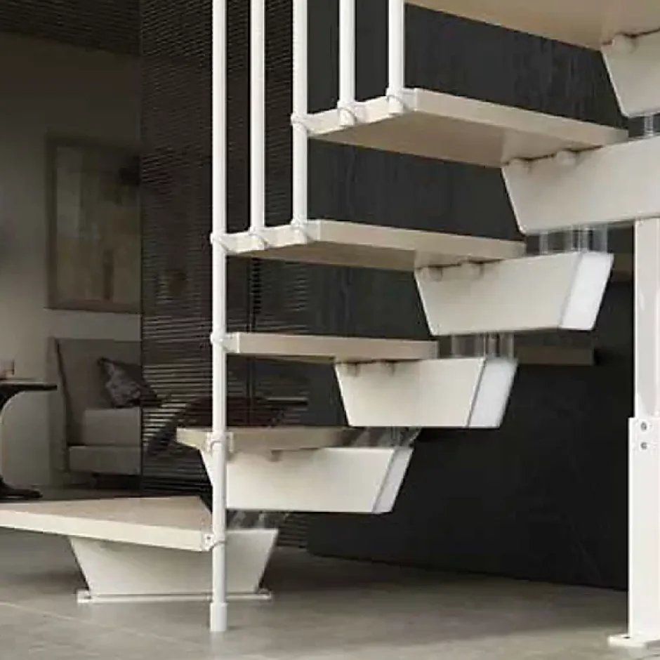 Matisere Escalier quart tournant 14 marches - Hauteur à franchir de 2.78 à 3.34m - Largeur 85cm - Limon central - Bois et blanc -