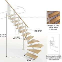 Matisere Escalier quart tournant 10 marches - Hauteur à franchir de 2.04 à 2.44m - Largeur 95cm - Limon central - Bois et blanc -