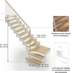 Escalier quart tournant 9 marches - Hauteur à franchir de 1.75 à 2.20m - Largeur 75cm - Bois et blanc - Rampe verticale --Matisere New