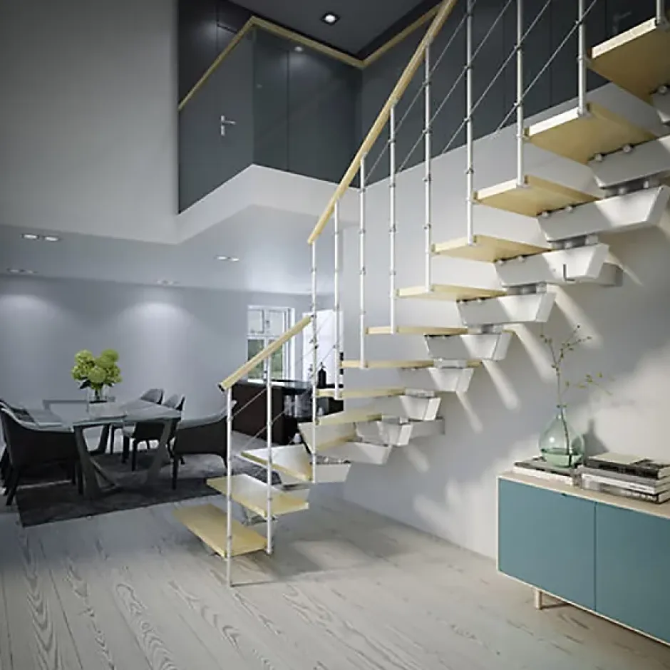 Escalier quart tournant 11 marches - Hauteur à franchir de 2.23 à 2.66m - Largeur 95cm - Limon central - Bois et blanc --Matisere Discount