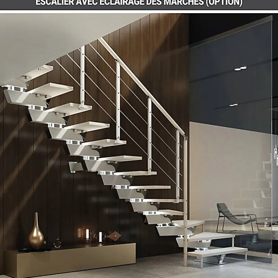 Escalier quart tournant 11 marches - Hauteur à franchir de 2.23 à 2.66m - Largeur 95cm - Limon central - Bois et blanc --Matisere Discount