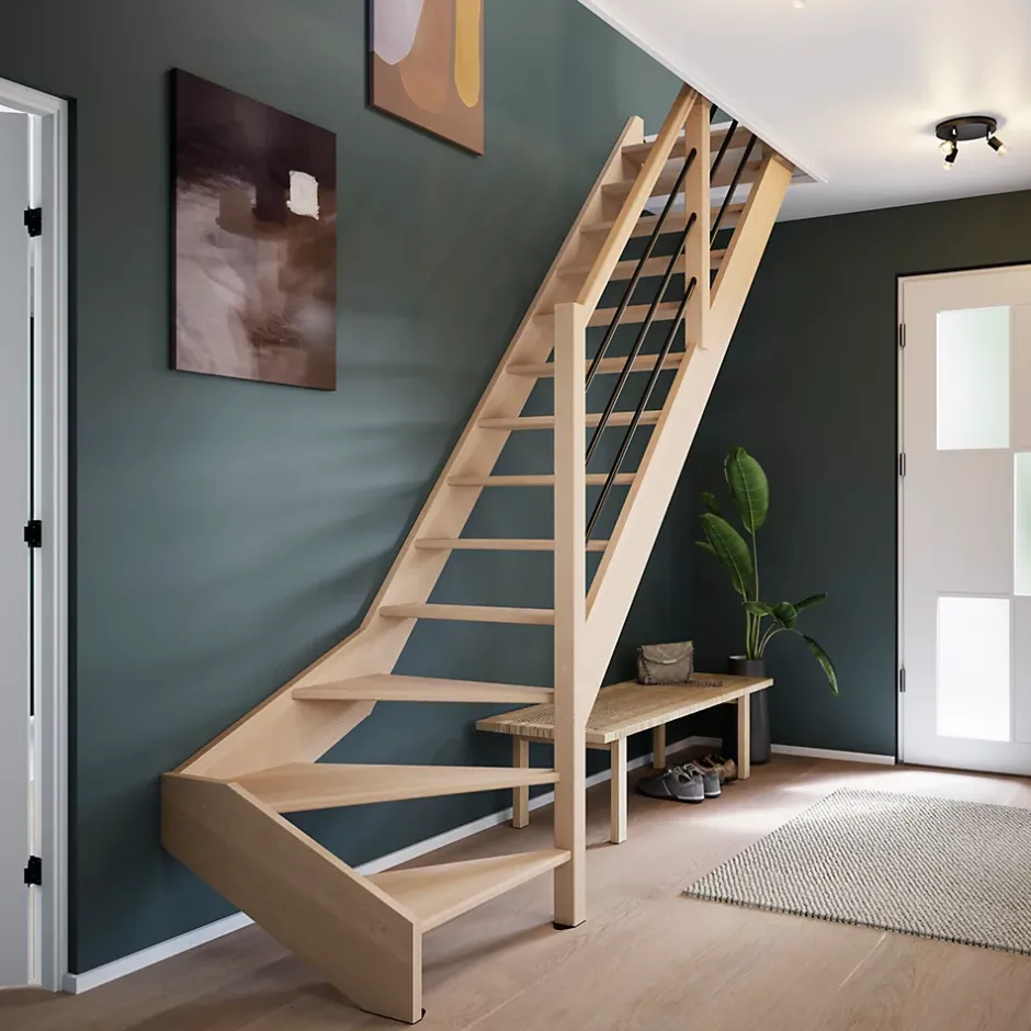 Escalier quart tournant droit hêtre coloris naturel 13 marches Siderno sans contremarches-Fortia Clearance