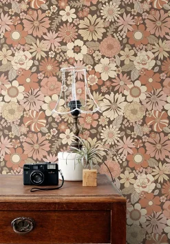 papier peint fleurs rétro vieux rose et beige - 53 cm x 10.05 m - 130966-Estahome