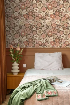 papier peint fleurs rétro vieux rose et beige - 53 cm x 10.05 m - 130966-Estahome