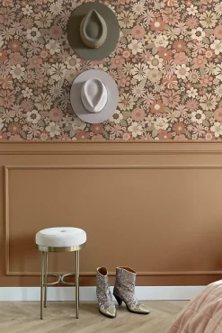 papier peint fleurs rétro vieux rose et beige - 53 cm x 10.05 m - 130966-Estahome