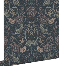 Estahome papier peint fleurs et oiseaux bleu foncé et vieux rose - 53 cm x 10.05 m - 139832
