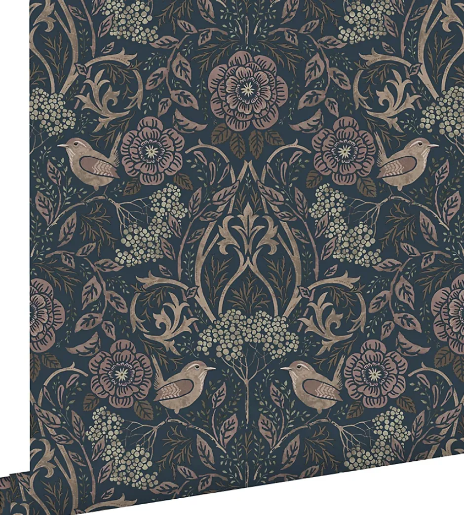 Estahome papier peint fleurs et oiseaux bleu foncé et vieux rose - 53 cm x 10.05 m - 139832