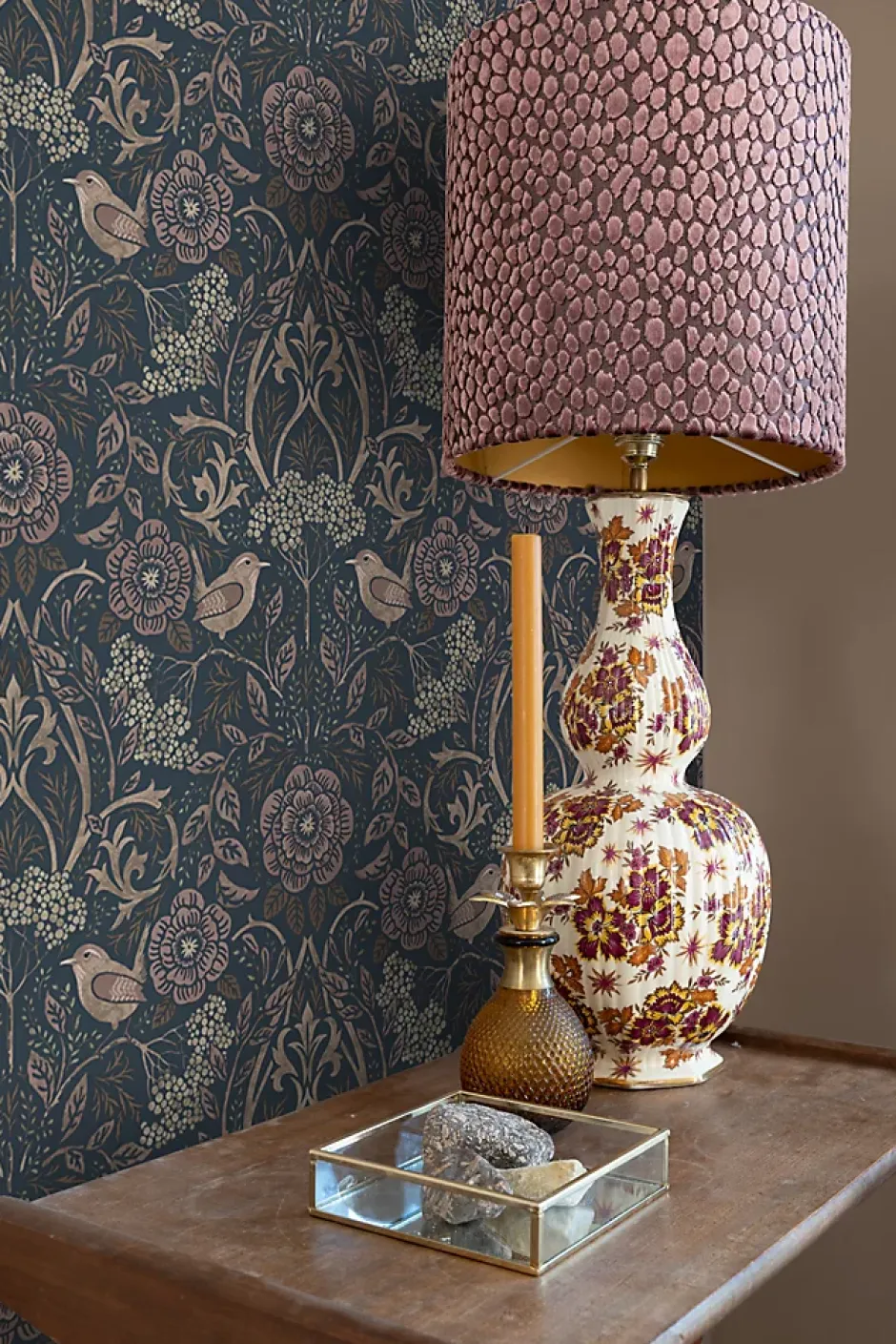 Estahome papier peint fleurs et oiseaux bleu foncé et vieux rose - 53 cm x 10.05 m - 139832