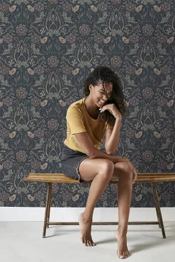 Estahome papier peint fleurs et oiseaux bleu foncé et vieux rose - 53 cm x 10.05 m - 139832