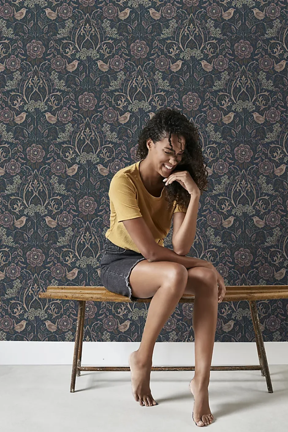 Estahome papier peint fleurs et oiseaux bleu foncé et vieux rose - 53 cm x 10.05 m - 139832