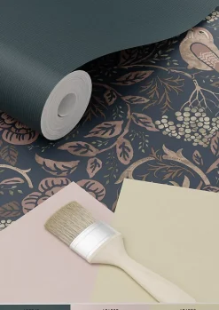 Estahome papier peint fleurs et oiseaux bleu foncé et vieux rose - 53 cm x 10.05 m - 139832