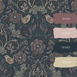 Estahome papier peint fleurs et oiseaux bleu foncé et vieux rose - 53 cm x 10.05 m - 139832