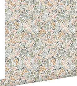 papier peint fleurs bleu grisâtre, rose terracotta et vert - 53 cm x 10.05 m - 139837-Estahome Sale