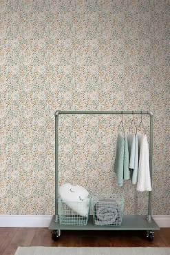 papier peint fleurs bleu grisâtre, rose terracotta et vert - 53 cm x 10.05 m - 139837-Estahome Sale