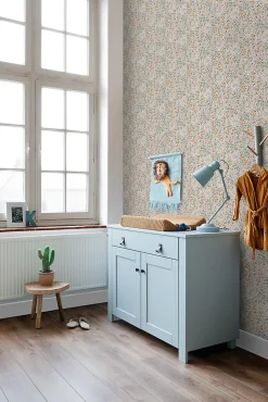 papier peint fleurs bleu grisâtre, rose terracotta et vert - 53 cm x 10.05 m - 139837-Estahome Sale