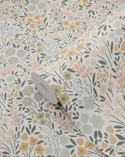 papier peint fleurs bleu grisâtre, rose terracotta et vert - 53 cm x 10.05 m - 139837-Estahome Sale