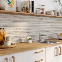 Faïence murale beige grisé décor 3D lames horizontales L.75 x l.25 cm x ép.9,5 mm, Anduin- Outlet