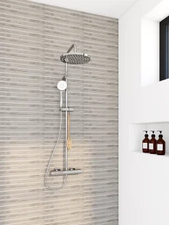 Faïence murale beige grisé décor 3D lames horizontales L.75 x l.25 cm x ép.9,5 mm, Anduin- Outlet