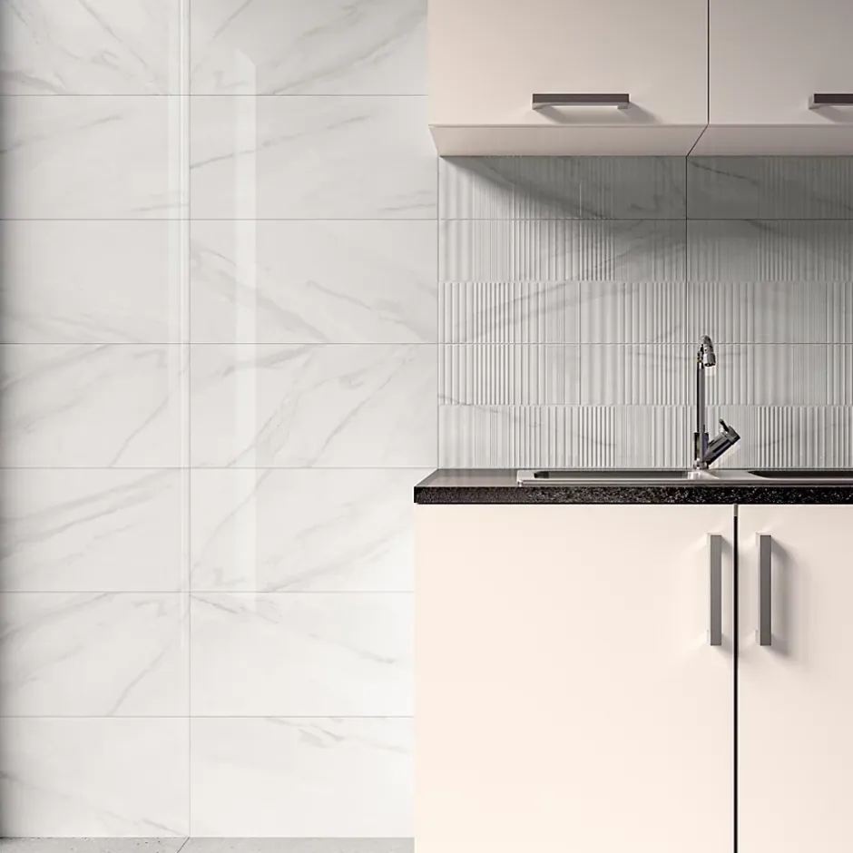 Ecoceramic Faïence murale effet marbre blanc brillant L.60 x l.30 cm x ép.7 mm, Celena