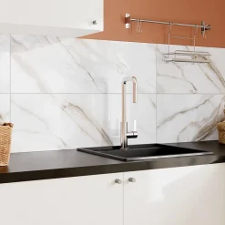 GoodHome Faïence murale effet marbre brillant blanc et doré L.90 x l.30 cm x ép.8,7 mm, Oazis