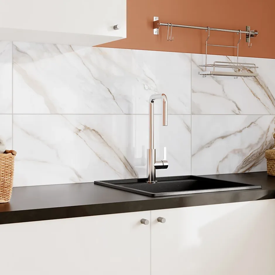 GoodHome Faïence murale effet marbre brillant blanc et doré L.90 x l.30 cm x ép.8,7 mm, Oazis