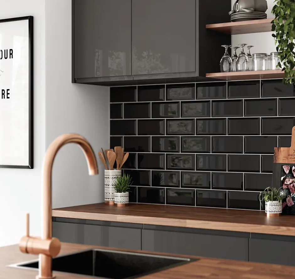 Elyssa Ceramic Faïence murale métro noir brillant L.15 x l.7,5 cm x ép.7,2 mm