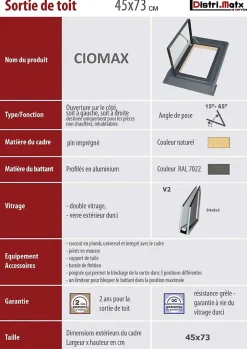 DMS FENETRE DE TOIT UNIVERSELLE (Complète), puits de lumière 73 x 45 cm
