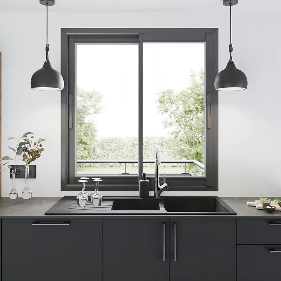 GoodHome Fenêtre 2 vantaux coulissante double vitrage en aluminium gris l.123 x H.137 cm