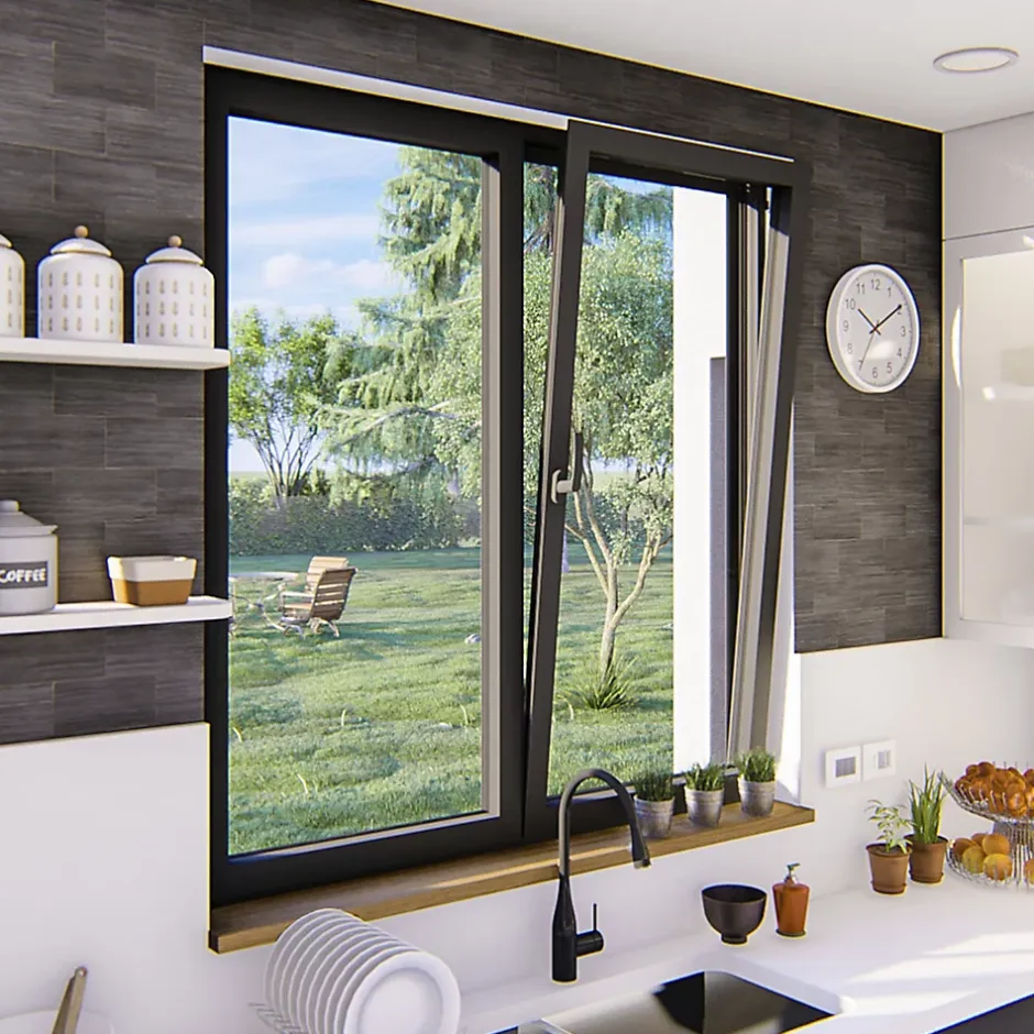 GoodHome Fenêtre 2 vantaux oscillo-battante, tirant droit double vitrage en aluminium gris l.103 x H.107 cm