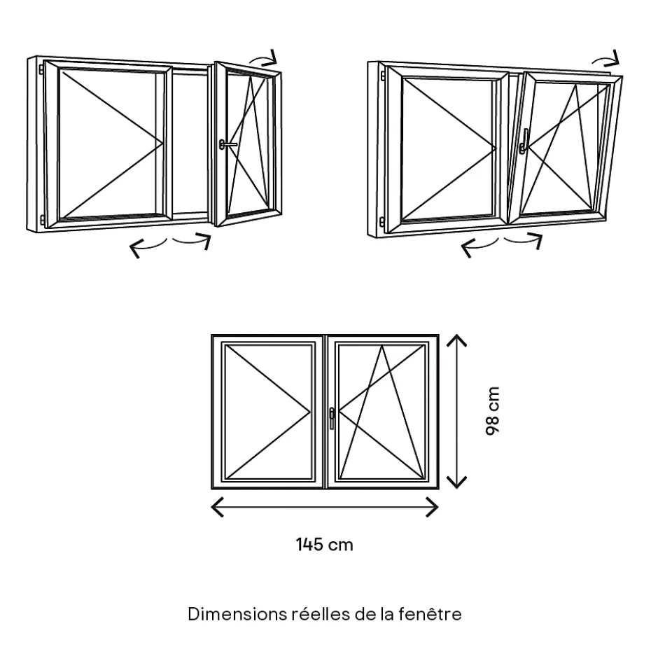 GoodHome Fenêtre 2 vantaux oscillo-battante, tirant droit double vitrage en PVC blanc l.145 x H.98 cm