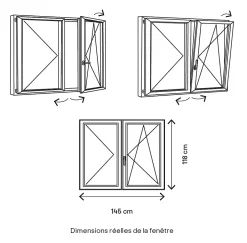 GoodHome Fenêtre 2 vantaux oscillo-battante, tirant droit double vitrage en PVC blanc l.145 x H.118 cm