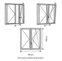 Fenêtre 2 vantaux oscillo-battante, tirant droit double vitrage en PVC blanc l.145 x H.148 cm-GoodHome Clearance