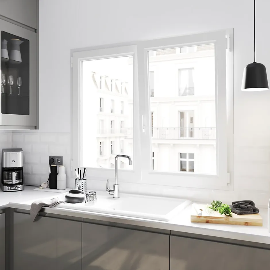 Fenêtre 2 vantaux oscillo-battante, tirant droit double vitrage en PVC blanc l.85 x H.148 cm-GoodHome Discount