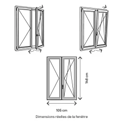 Fenêtre 2 vantaux oscillo-battante, tirant droit double vitrage en PVC blanc l.105 x H.148 cm-GoodHome