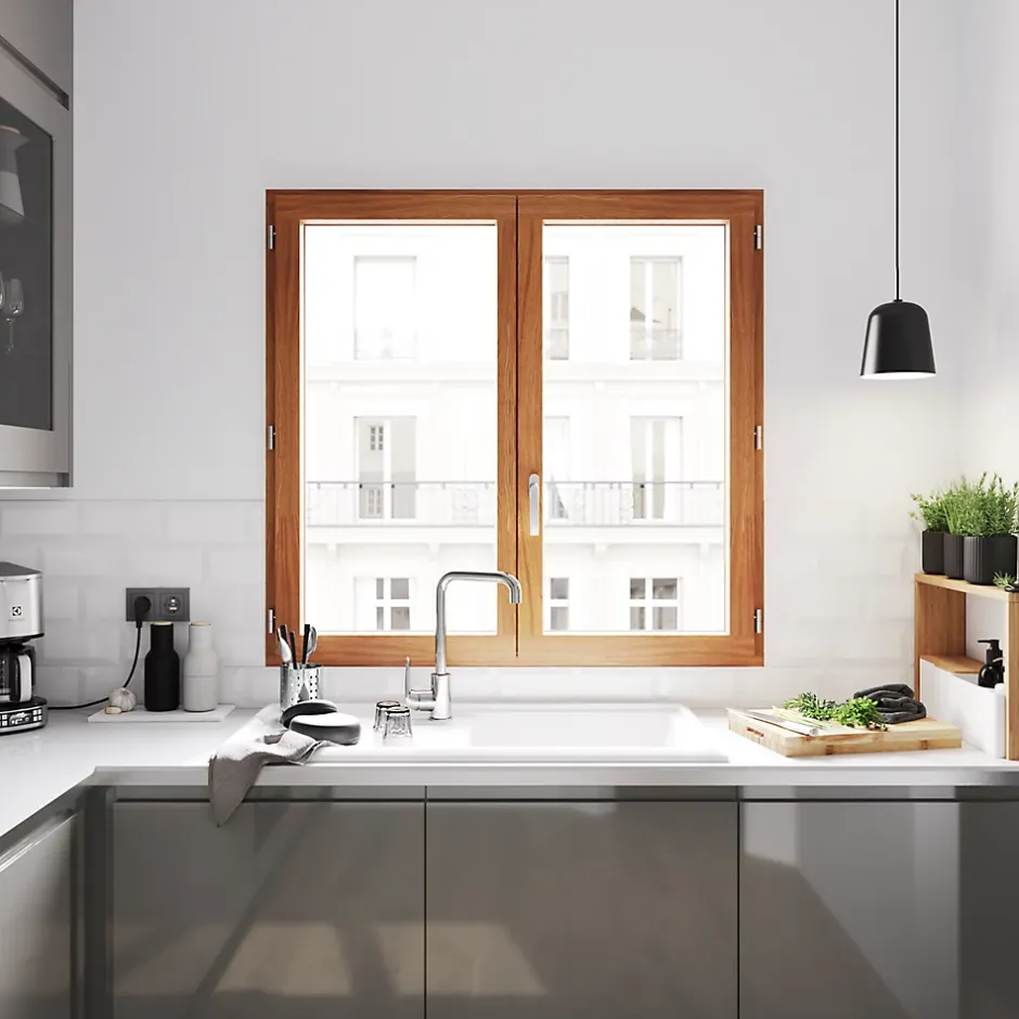 Fenêtre 2 vantaux tirant droit double vitrage en bois marron l.125 x H.107,8 cm-GoodHome Online