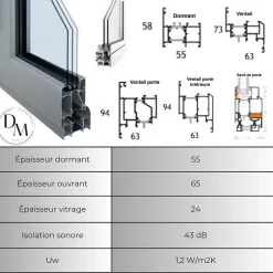 Fenêtre Aluminium cintré un ventail ouvrant RAL 7016 ( L.: 110 cm x H.: 170 cm)-3 in 1 Sale