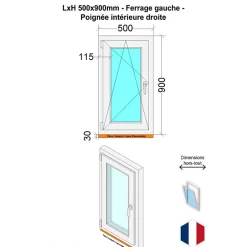 Hexa’Fen Fenêtre PVC - LxH 500x900 mm -Triple Vitrage - Blanc -poignée à droite